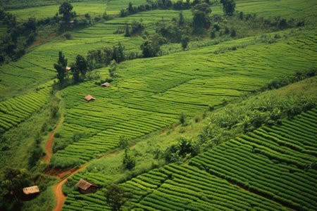aerial view of lush green coffee plantation rows, created with generative aiの素材