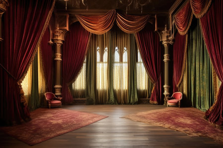 luxurious velvet curtains framing ballroom, created with generative aiの素材