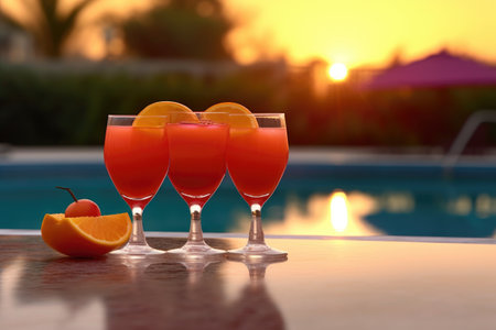 tequila sunrise cocktails with pool in background, created with generative aiの素材