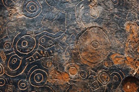 abstract pattern of petroglyphs on a textured stone surface, created with generative aiの素材
