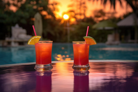 tequila sunrise cocktails with tropical pool backdrop, created with generative aiの素材
