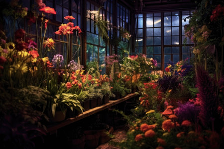 colorful flower blooms under greenhouse lights, created with generative aiの素材