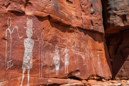 close-up of ancient petroglyphs on red sandstone, created with generative aiの素材