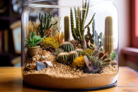 desert-themed terrarium with cacti and sand dunes, created with generative aiの素材