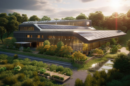 eco-friendly factory with solar panels and lush greenery, created with generative aiの素材