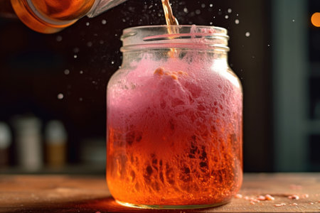close-up of homemade soda fizzing in a glass jar, created with generative aiの素材