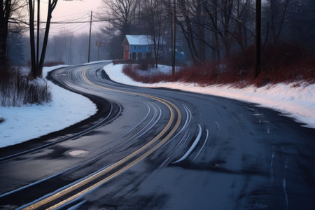 skid marks on icy road curve after car slip, created with generative aiの素材