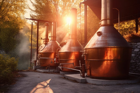 copper stills glowing in the warm sunlight, created with generative aiの素材