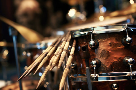 close-up of drumsticks on a custom drum set, created with generative aiの素材