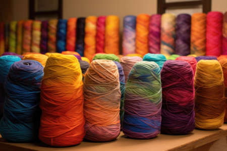 spools of vibrant yarn ready for carpet weaving, created with generative aiの素材