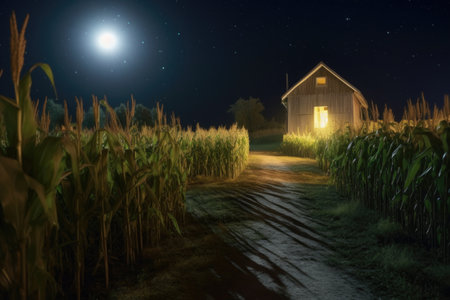 full moon illuminating a corn maze at night, created with generative aiの素材