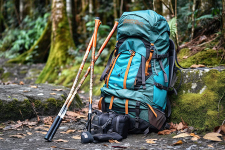 hiking backpack with hiking boots and trekking poles, created with generative aiの素材