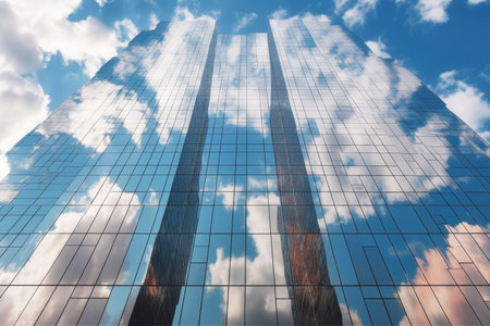 reflection of clouds on a glass skyscraper facade, created with generative aiの素材
