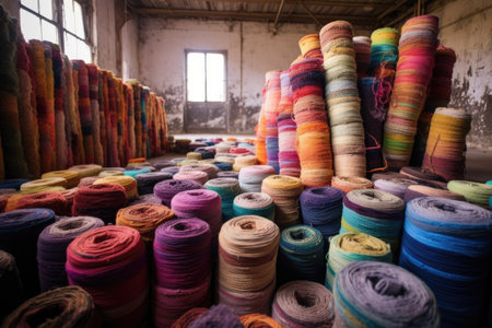 colorful yarn rolls stacked in carpet weaving factory, created with generative aiの素材