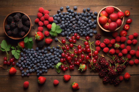 overhead view of various berries on wooden table, created with generative aiの素材