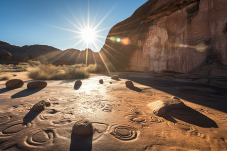 petroglyphs reflecting sunlight in a desert landscape, created with generative aiの素材
