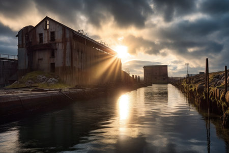sunrays breaking through clouds above an abandoned dockyard, created with generative aiの素材