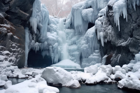 frozen waterfall captured in mid-movement, created with generative aiの素材