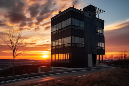 modern building with a dramatic view of sunset in the background, created with generative aiの素材