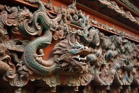 intricate dragon carvings on temple wall, created with generative aiの素材