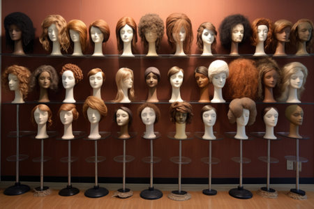 mannequin heads displaying finished wigs, created with generative aiの素材