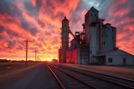 dramatic sunset behind a row of grain elevators, created with generative aiの素材