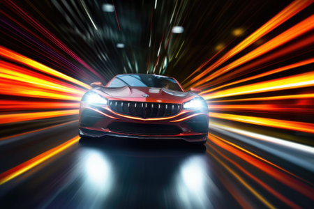 racing car headlights with motion blur on a dark background, created with generative aiの素材