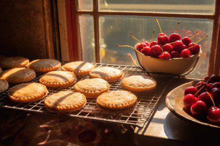 cherry pies cooling on a wire rack in sunlight, created with generative aiの素材