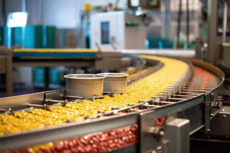 conveyor belt with packaged food moving in production line, created with generative aiの素材
