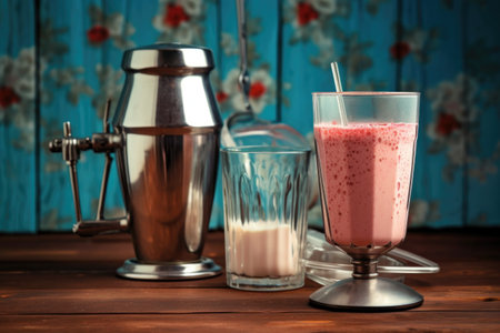 close-up of vintage milkshake mixer and glass, created with generative aiの素材
