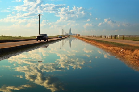 road mirage creating a water-like reflection on the surface, created with generative aiの素材