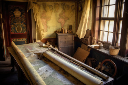 mysterious map with markings, rolled up in attic corner, created with generative aiの素材
