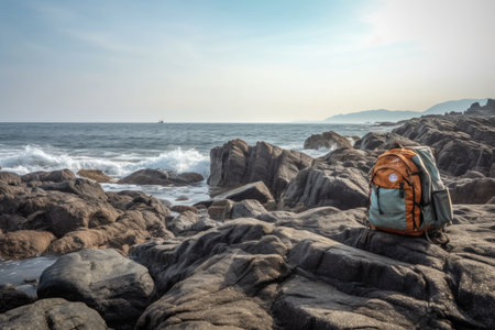 backpack on a rocky coastline, ocean in the background, created with generative aiの素材