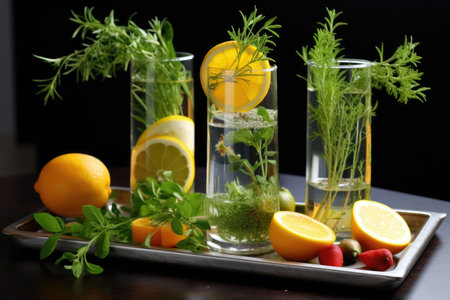 citrus fruits and herbs for garnishing tom collins, created with generative aiの素材
