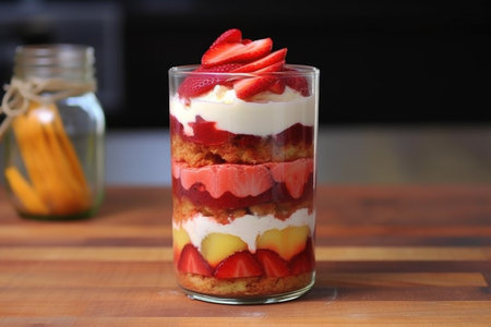 layered strawberry shortcake in a glass jar, created with generative aiの素材