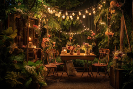 garden setup with amaretto cocktails and fairy lights, created with generative aiの素材