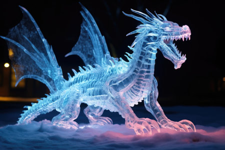 intricate ice dragon with glowing eyes, created with generative aiの素材