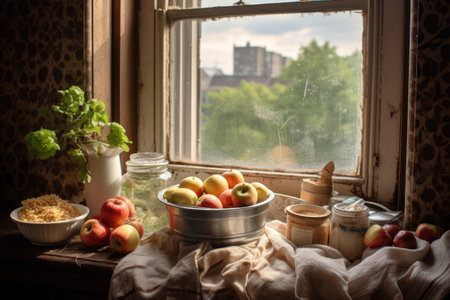 homemade apple pie cooling on a windowsill, created with generative aiの素材