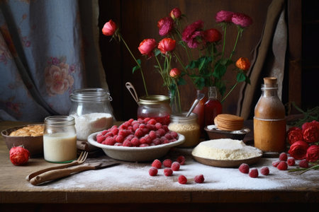 raspberry tart ingredients displayed on rustic table, created with generative aiの素材