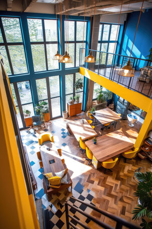 high angle view of a stylish co-working space, created with generative aiの素材