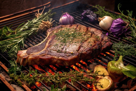t-bone steak cooking on a bbq with herbs and spices, created with generative aiの素材