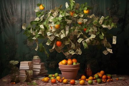 money tree with coins and banknotes as fruits, created with generative aiの素材