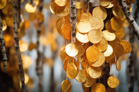 close-up of golden coins on tree branches, created with generative aiの素材