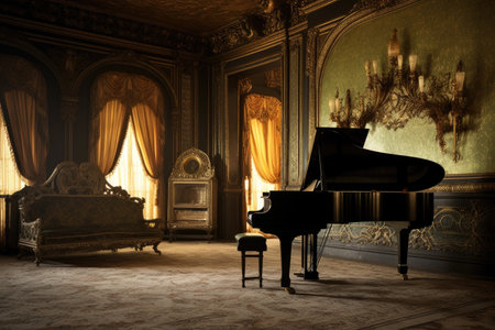 grand piano in corner of opulent ballroom, created with generative aiの素材