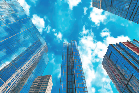 glass skyscrapers against a vibrant blue sky, created with generative aiの素材