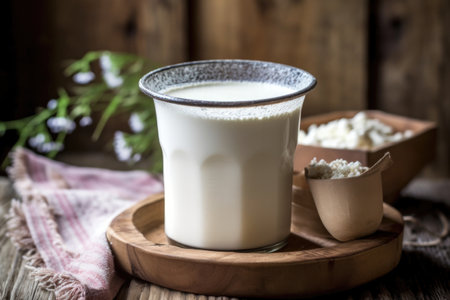 close-up of fresh alpine milk in a wooden bucket, created with generative aiの素材