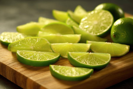 freshly cut lime wedges on a board, created with generative aiの素材