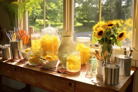 sunlit lemonade station with vintage glassware and straws, created with generative aiの素材