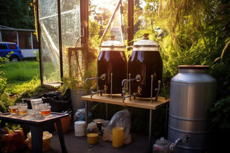 homebrewing setup in a garden with sunlight, created with generative aiの素材
