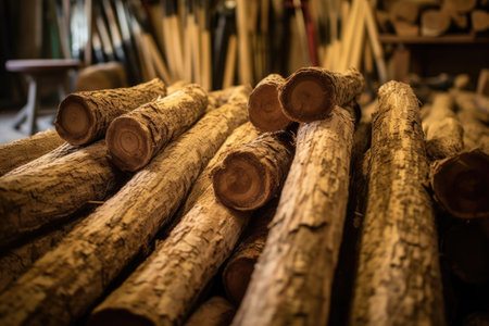 close-up of cricket bat willow logs in a workshop, created with generative aiの素材